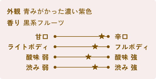 [外観]青みがかった濃い紫色[香り]黒系フルーツ[甘口辛口]辛口[ボディ]フルボディ寄り[酸味]中間[渋み]やや渋み寄り