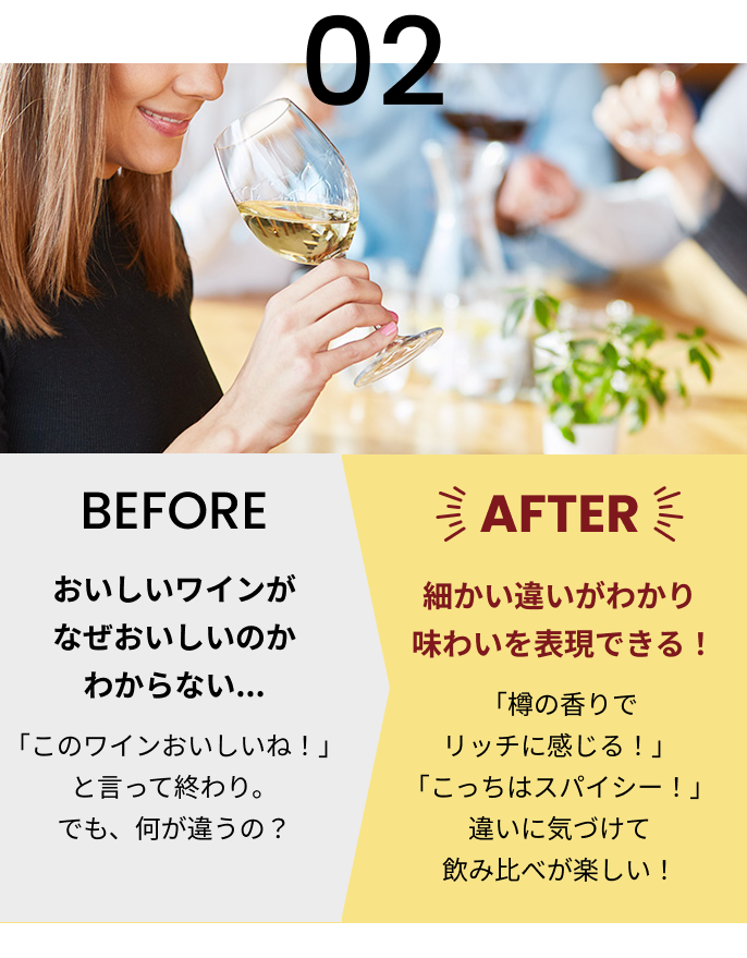 02 BEFORE おいしいワインがなぜおいしいのかわからない... 「このワインおいしいね！」と言って終わり。でも、何が違うの？ AFTER 細かい違いがわか味わいを表現できる！ 「樽の香りでリッチに感じる！」「こっちはスパイシー！」違いに気づけて飲み比べが楽しい！